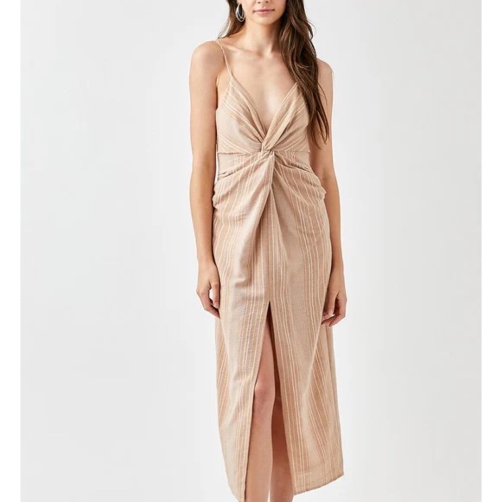 Mustard Seed Women’sDress Medium Cotton Twist Front Tan Stripes Midi Lagenlook